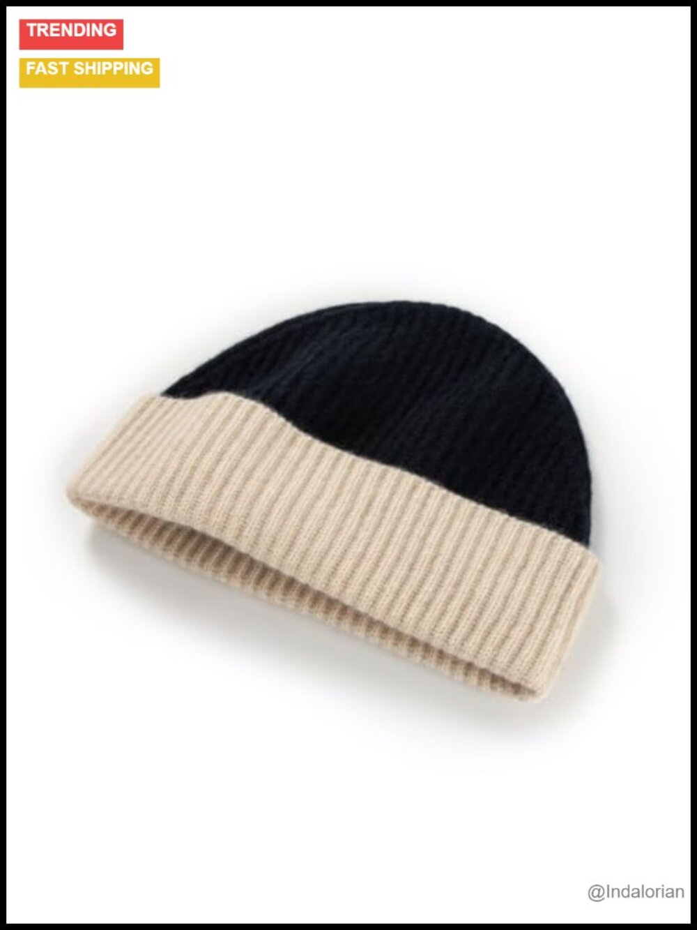 100% Cashmere Cuffed Beanie Two-Tone Ribbed Knit Hat